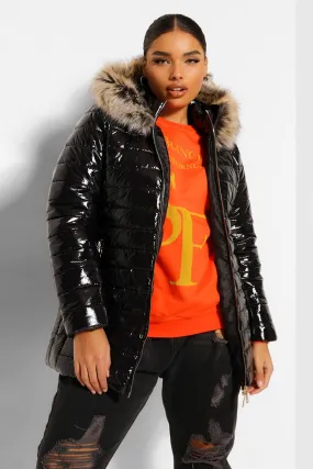 Plus High Shine Quilted Faux Fur Trim Puffer Parka