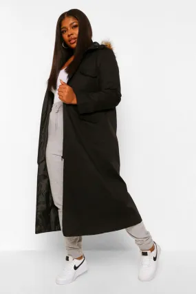 Plus Maxi Length Faux Fur Trim Hooded Parka