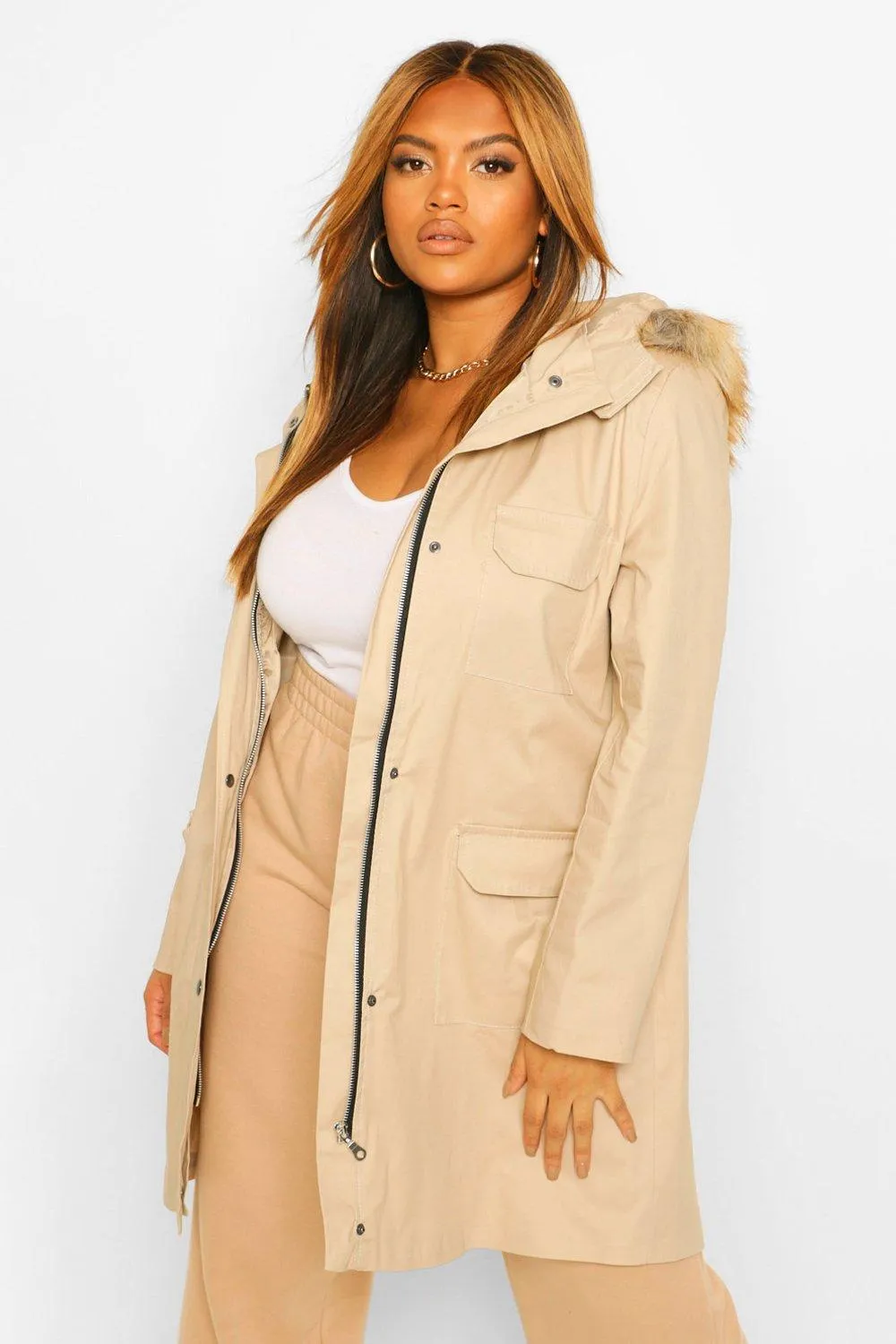 Plus Pocket Faux Fur Trim Hooded Parka Coat