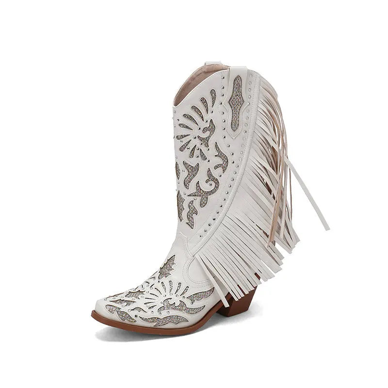 Rhinestone Cowboy Boots White Tassels Brand Woman Cowgirls Western Shoes Slip-On Square Heels women Female Fringe Cowboy Botines