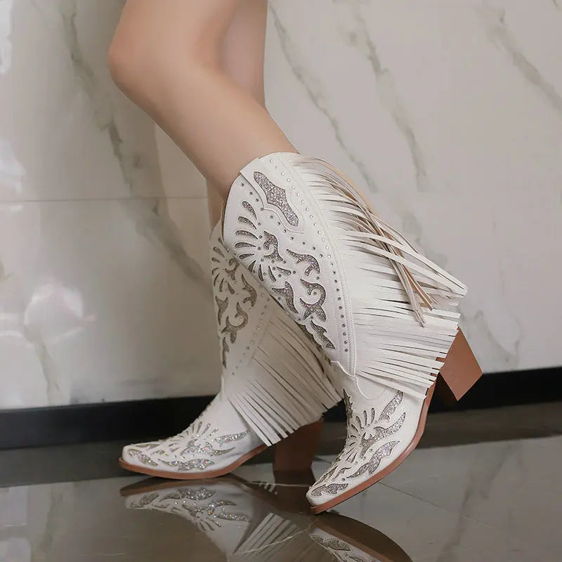 Rhinestone Cowboy Boots White Tassels Brand Woman Cowgirls Western Shoes Slip-On Square Heels women Female Fringe Cowboy Botines