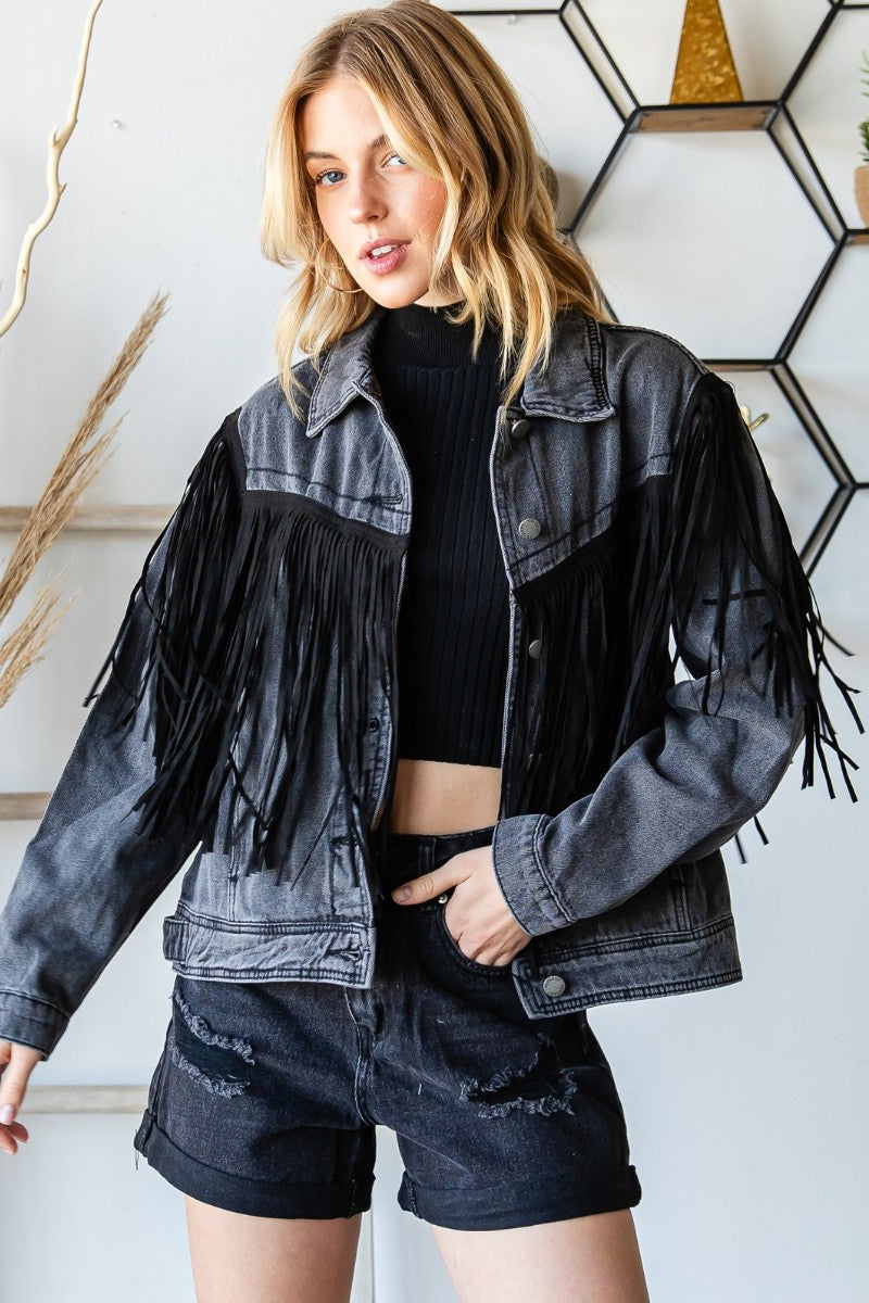 Sale - Vikki Faux Leather Fringe Moto Denim Jacket in Black