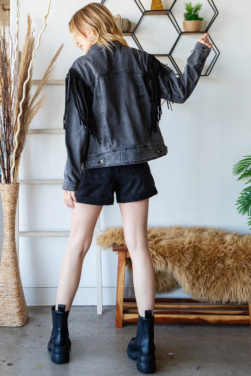 Sale - Vikki Faux Leather Fringe Moto Denim Jacket in Black