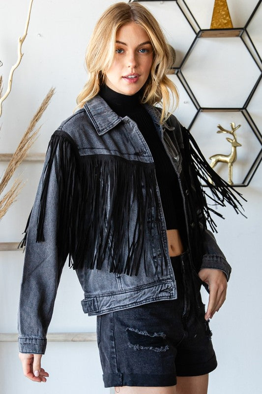 Sale - Vikki Faux Leather Fringe Moto Denim Jacket in Black