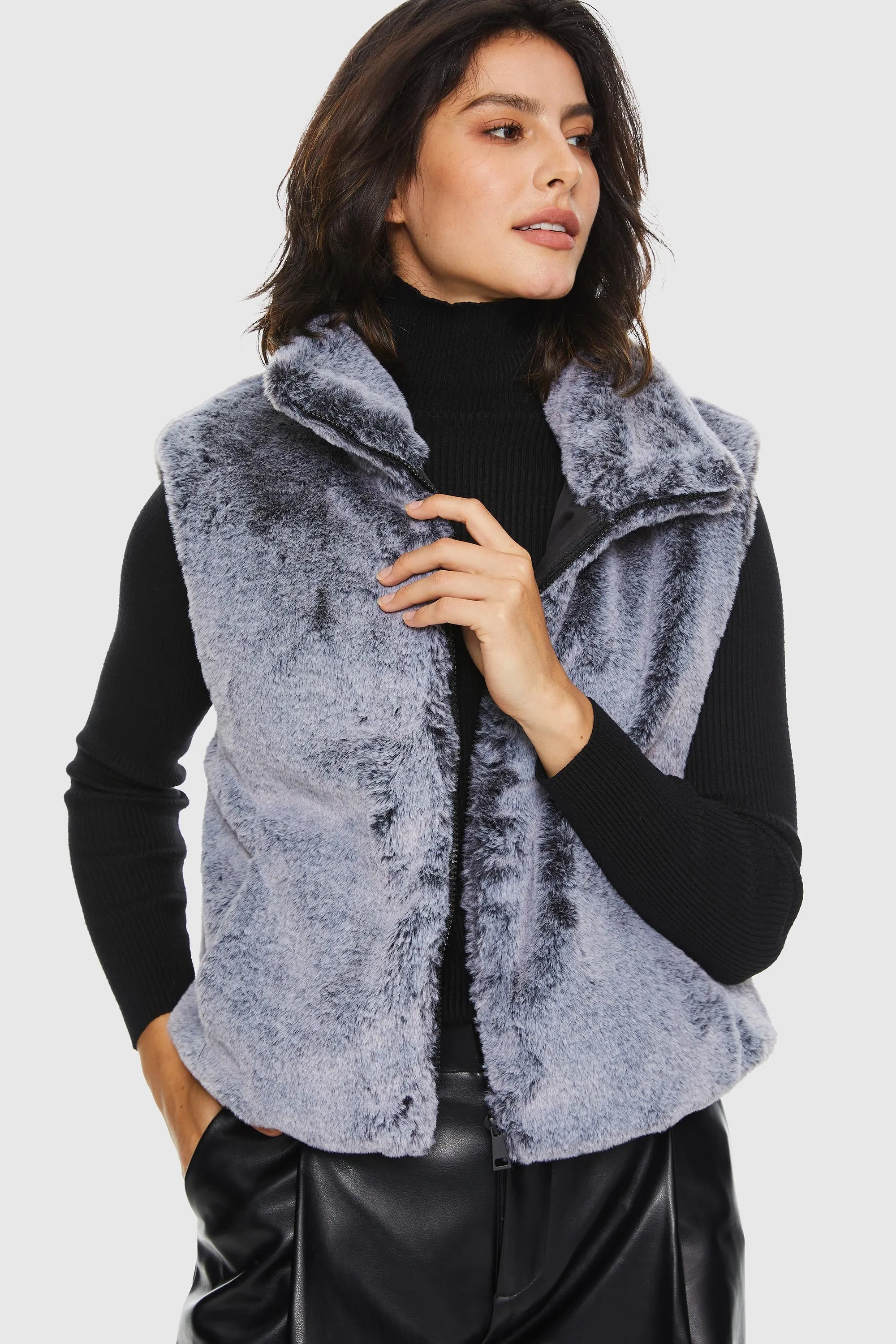 Solid Zip Up Faux Fur Vest Coat