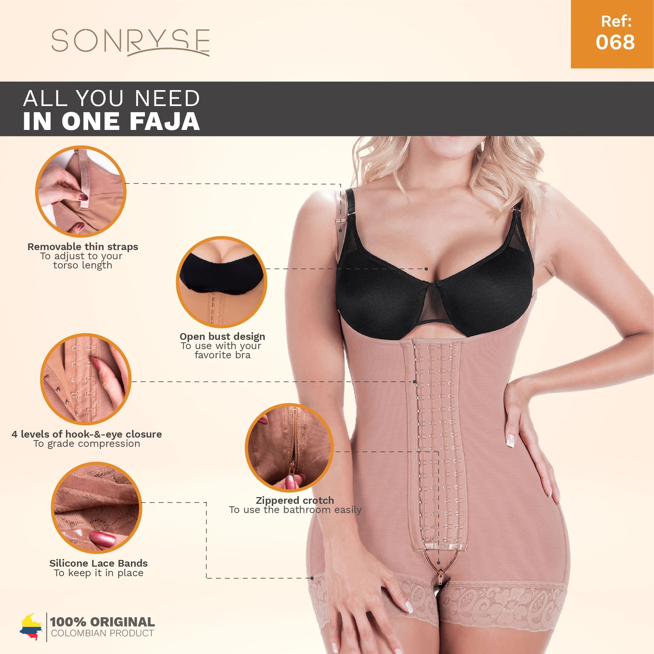 SONRYSE 068BF | FAJAS COLOMBIANAS POSTPARTUM & POST SURGERY TUMMY TUCK LIPO COMPRESSION GARMENT OPEN BUST SHORT SHAPEWEAR BODYSU