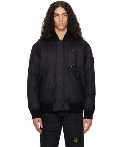 Stone Island Black 46536 Diagonal Nylon Down Bomber Jacket