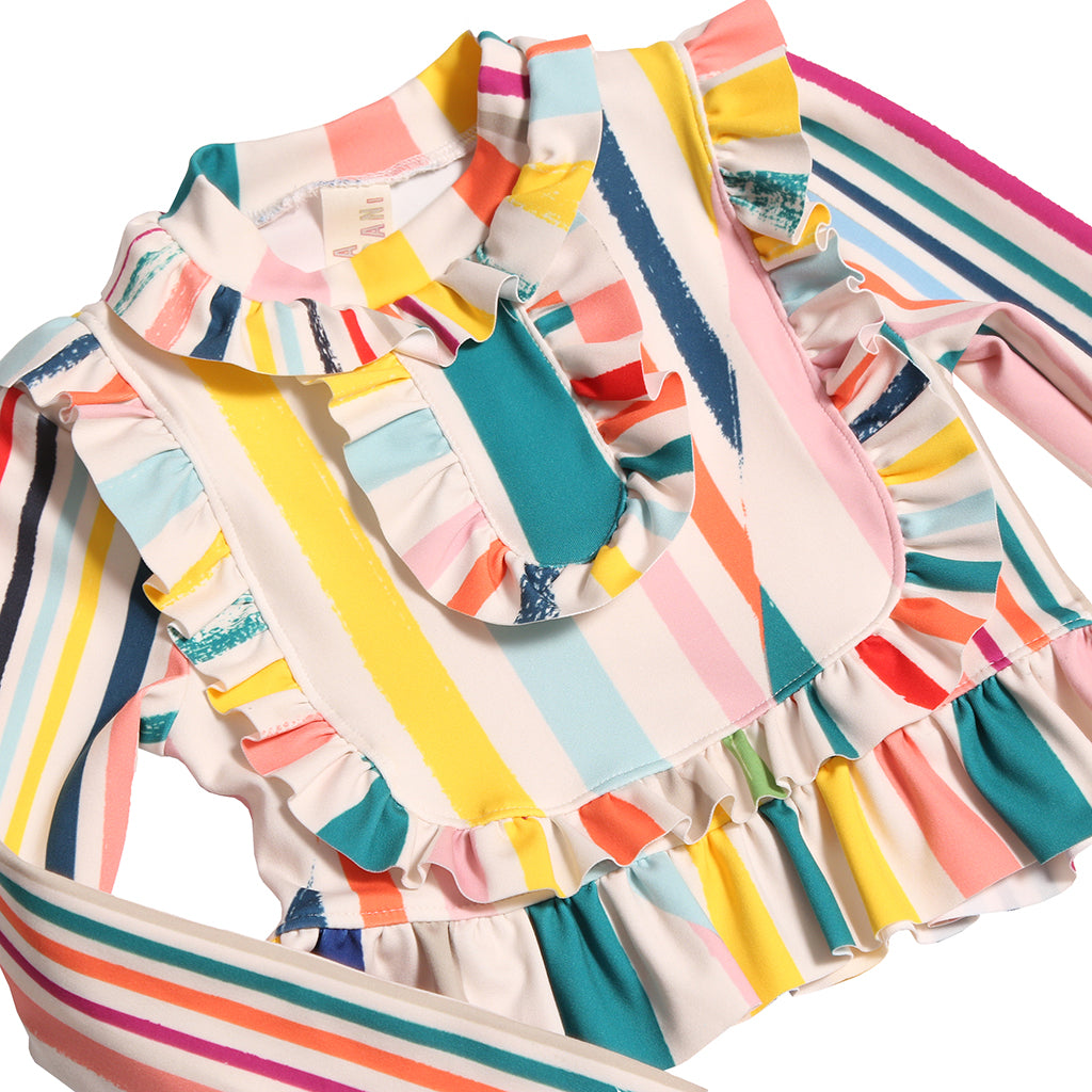 Tia Cibani Kids Child Marina Ruffle Rashguard Swimsuit Rainbow Stripes