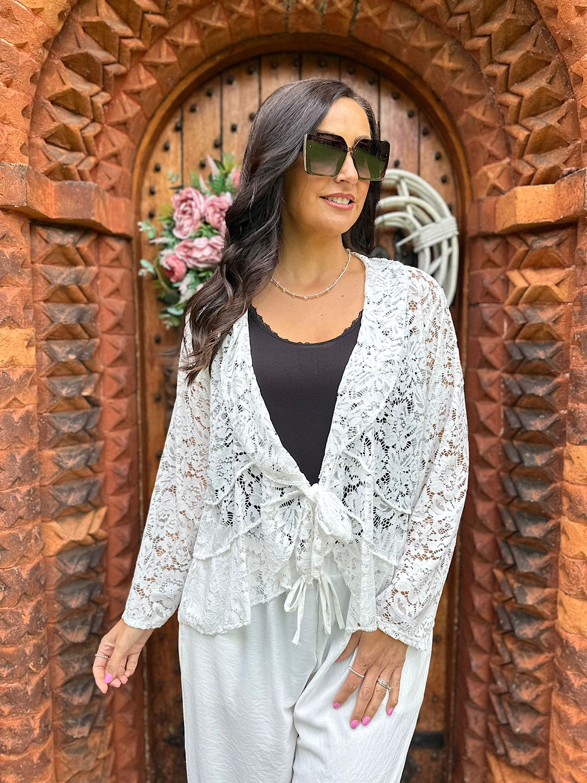 White Waterfall Tie Front Lace Jacket