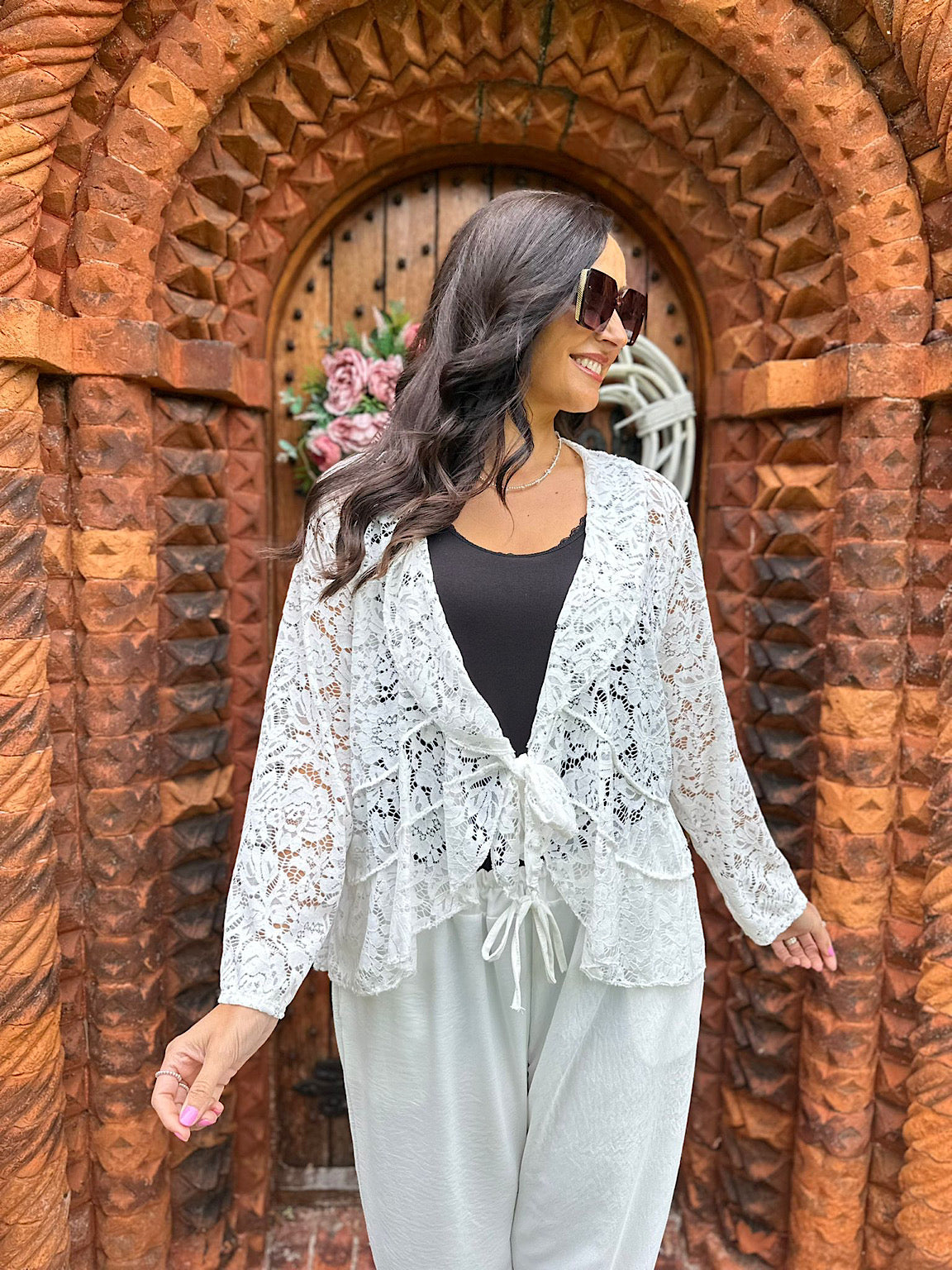 White Waterfall Tie Front Lace Jacket