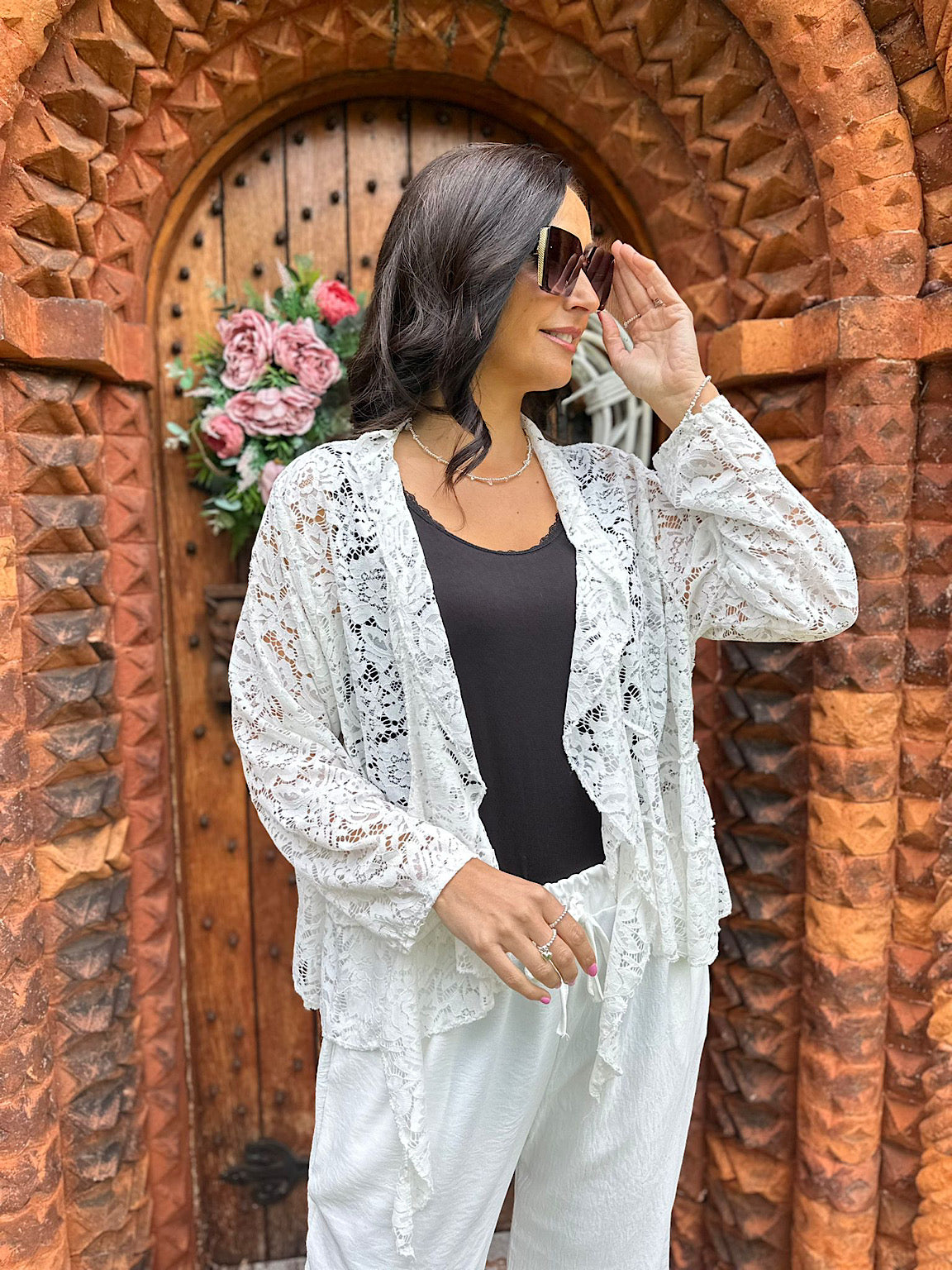 White Waterfall Tie Front Lace Jacket