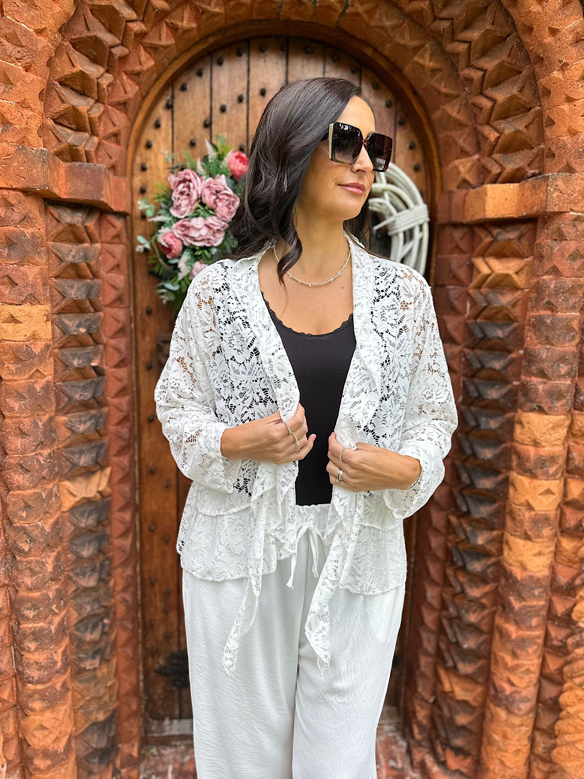 White Waterfall Tie Front Lace Jacket