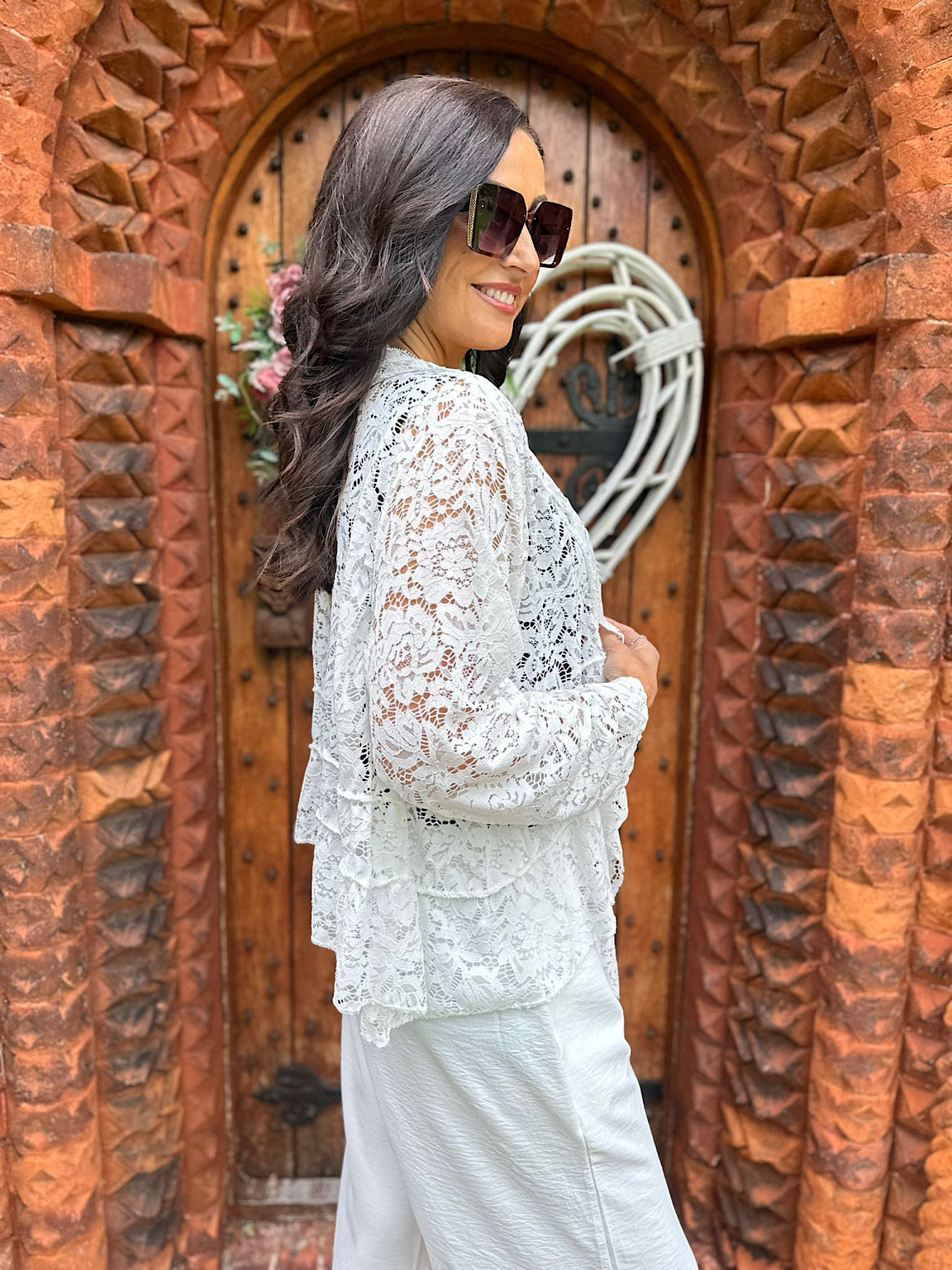 White Waterfall Tie Front Lace Jacket