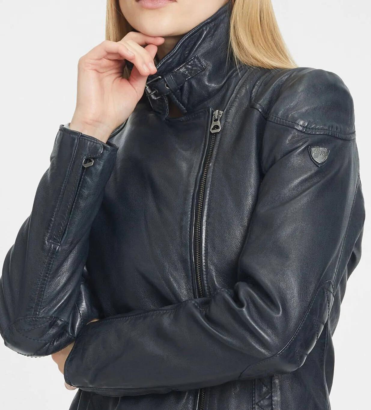 Women's blue biker style leather jacket jenja