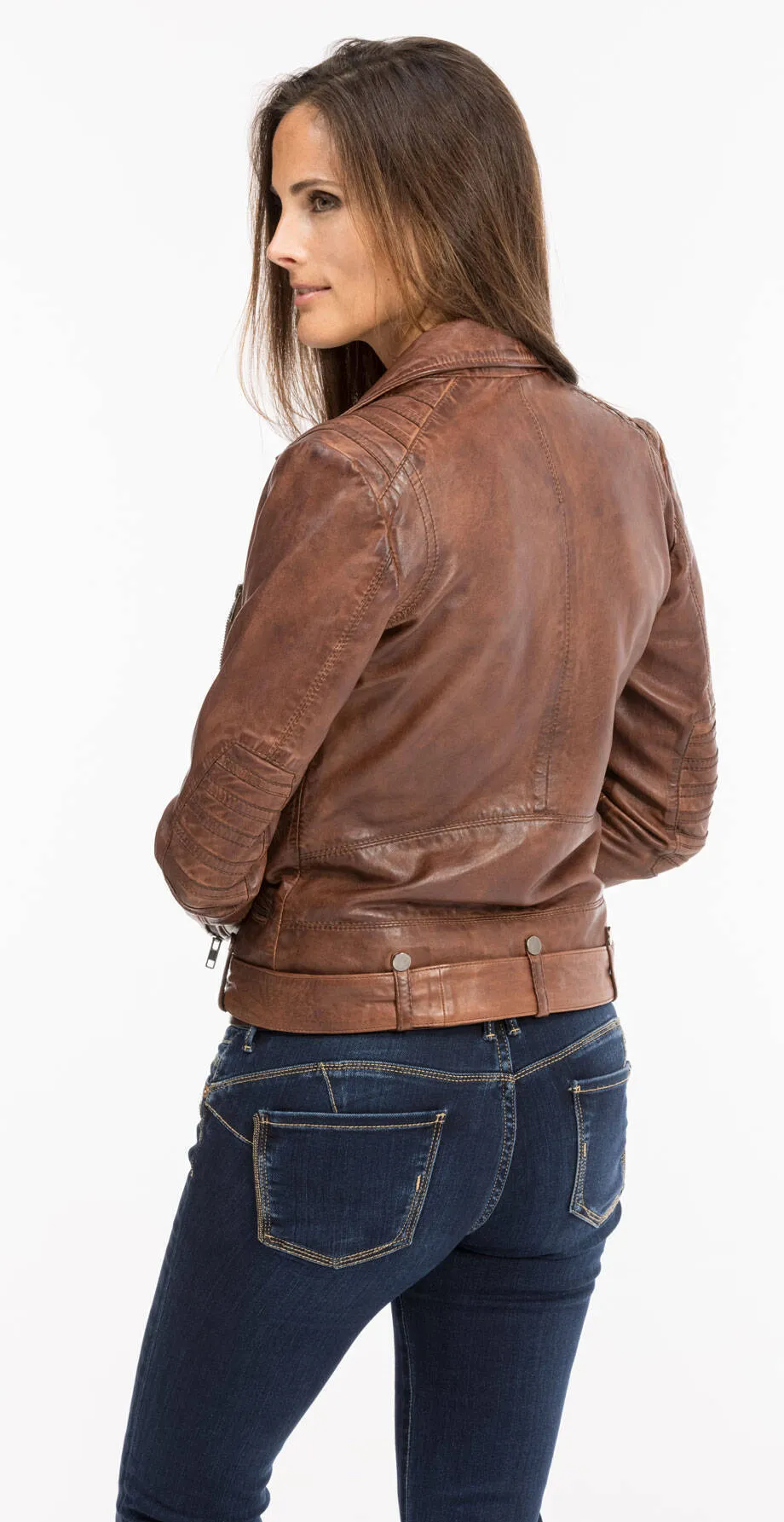 Women's cognac magma biker style leather jacket