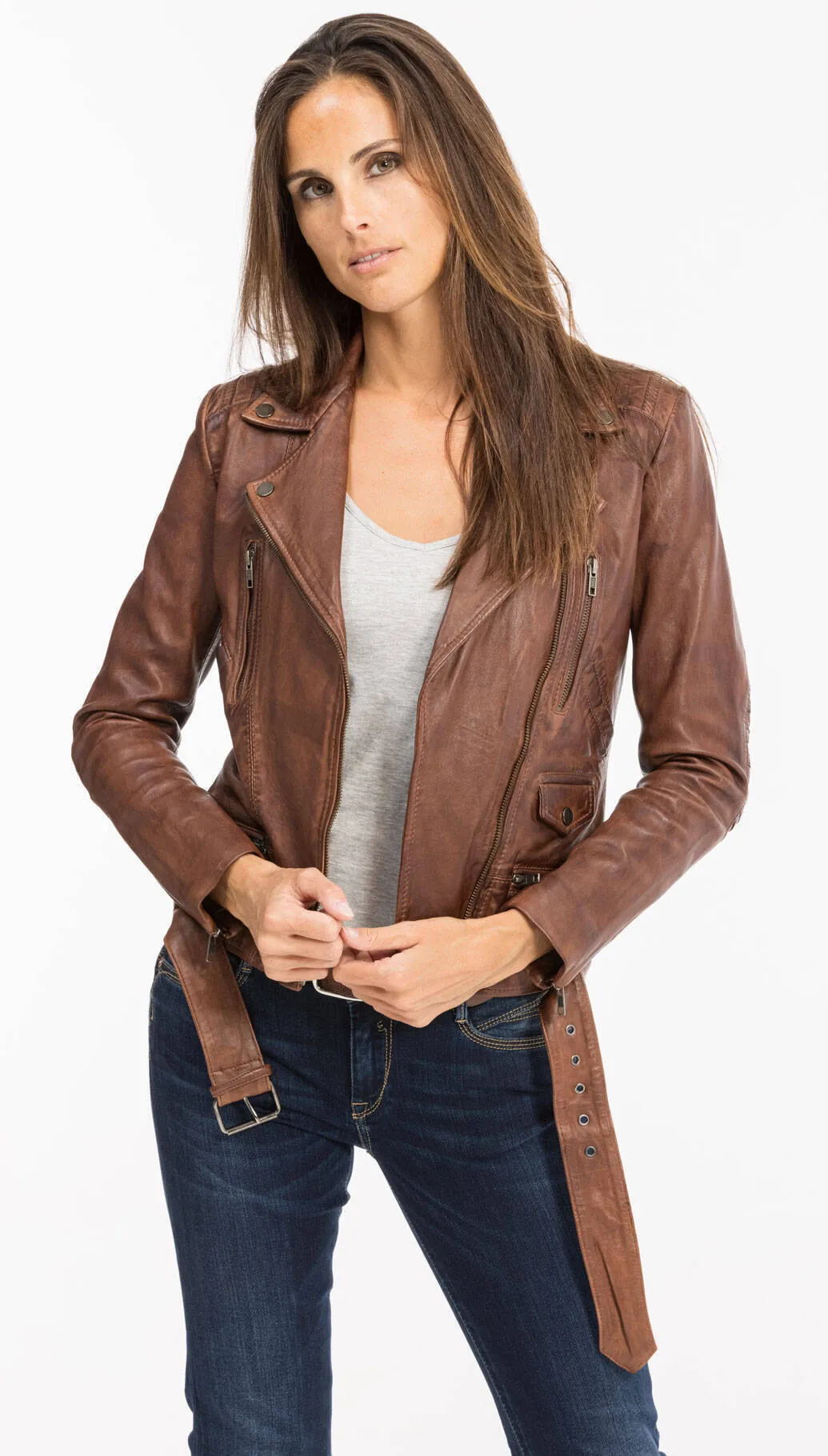 Women's cognac magma biker style leather jacket