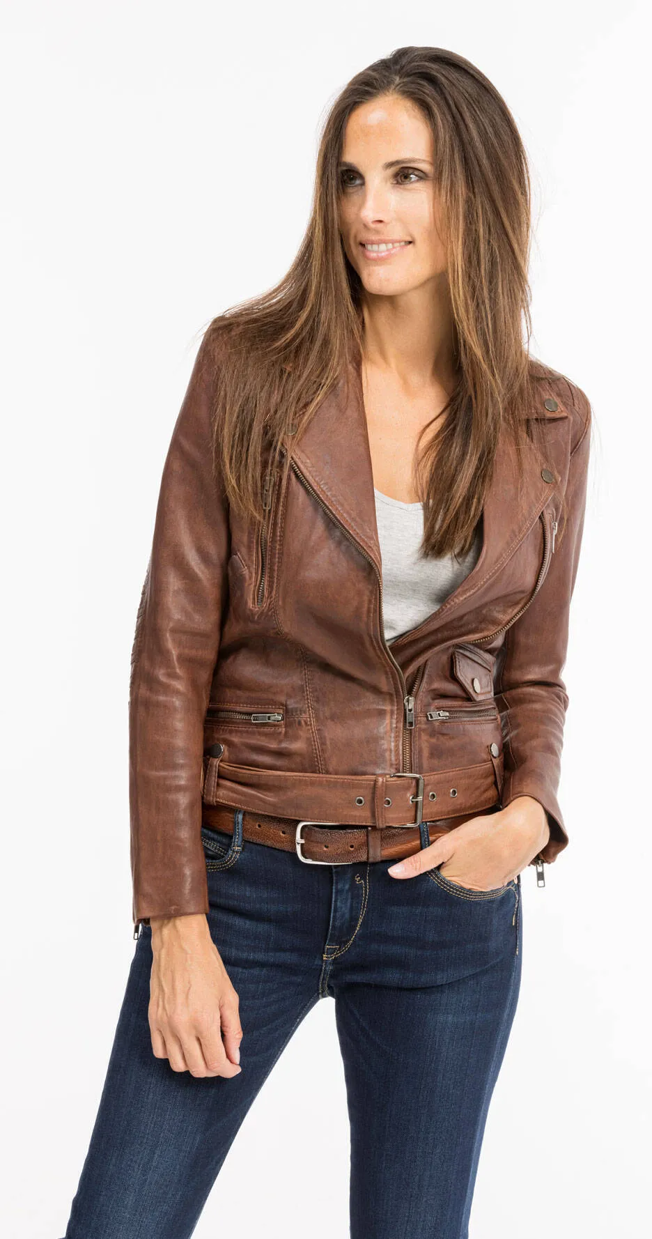 Women's cognac magma biker style leather jacket