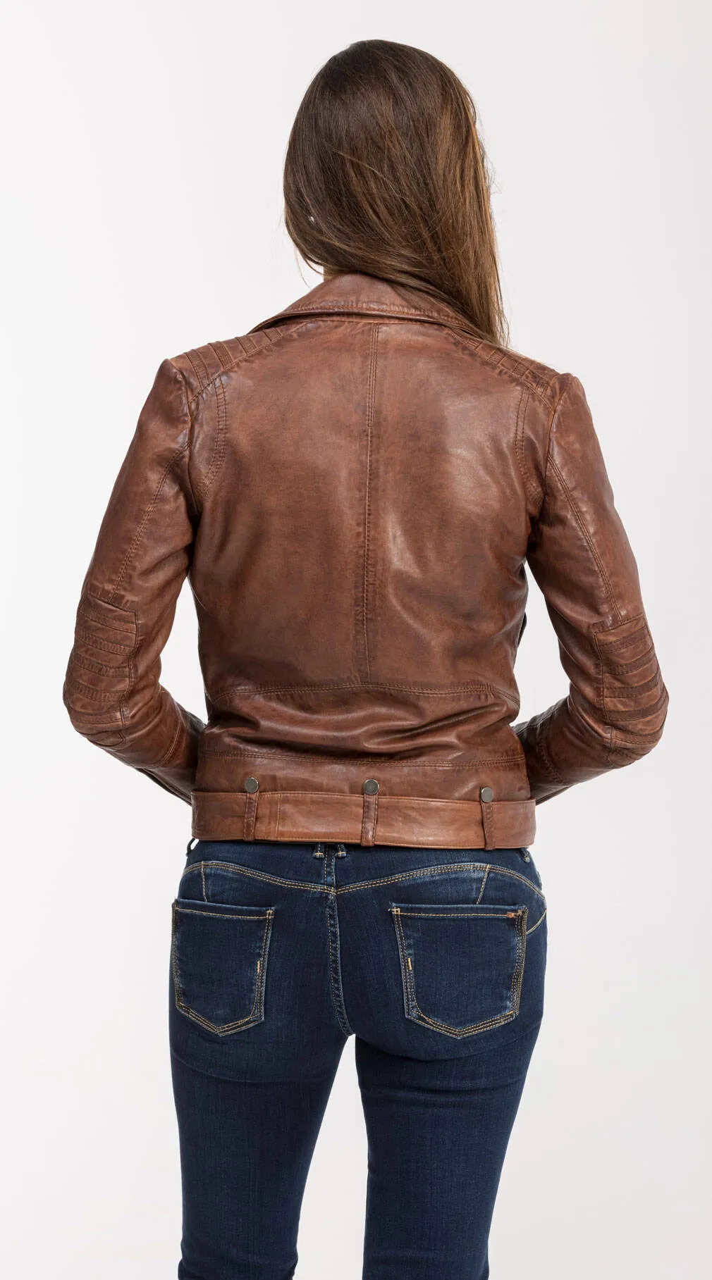 Women's cognac magma biker style leather jacket